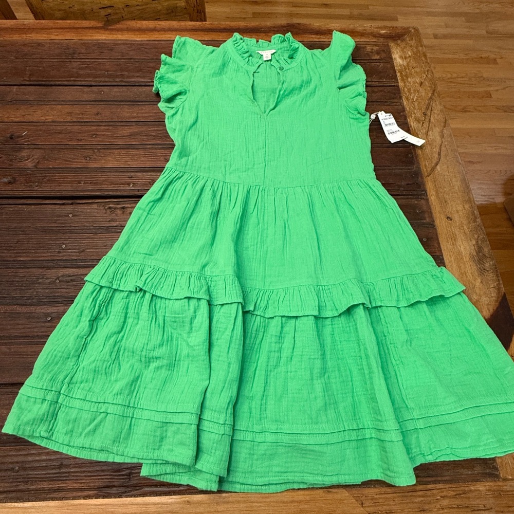 Caslon Green Celtic Cotton Gauze Tiered Mini Dress XS Ruffle Neck Summer Resort